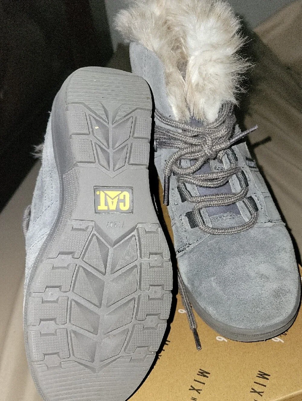 Caterpillar Gray Suede Faux-Fur Wedge Ankle Boots